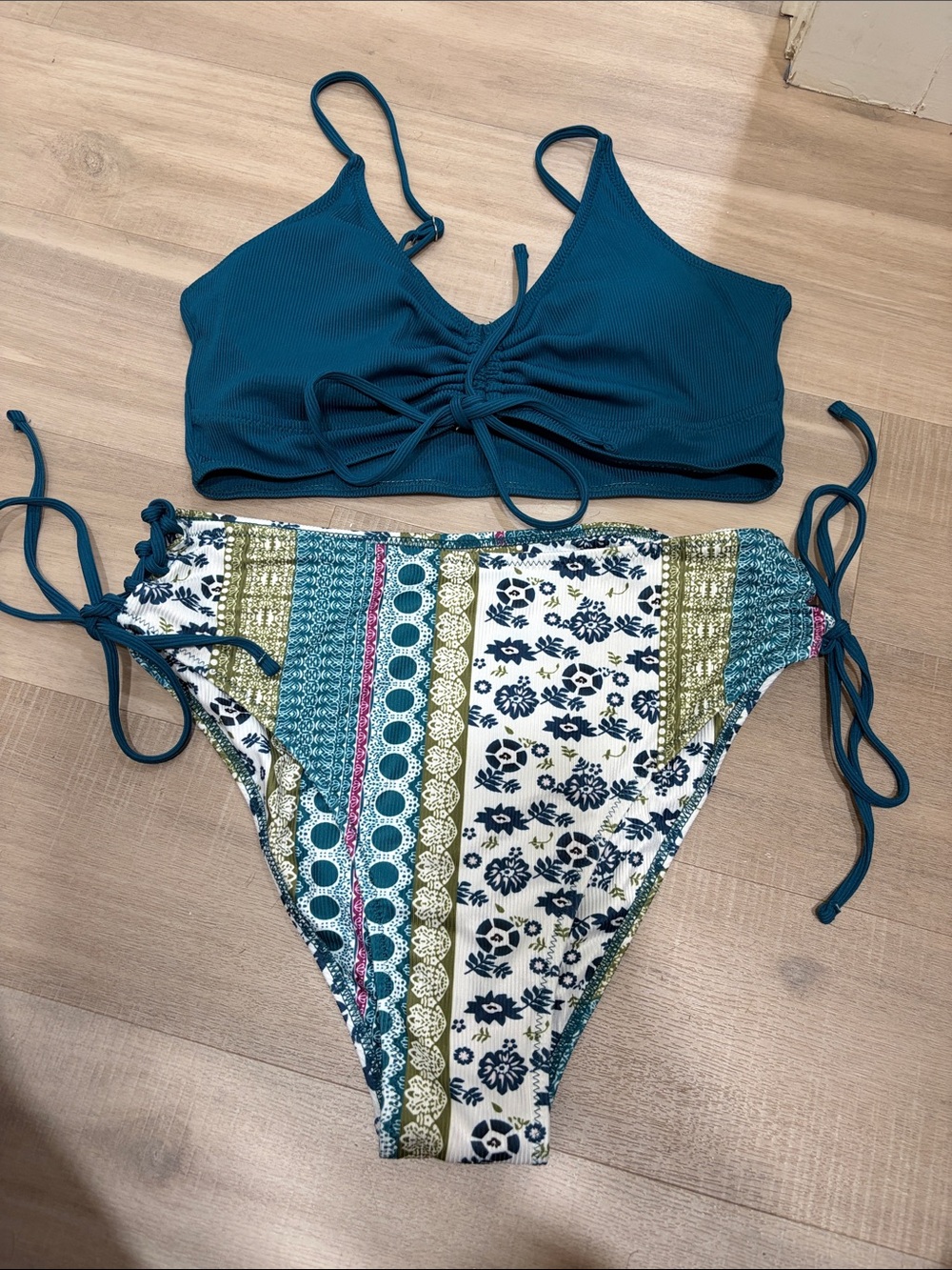 Zaful Teal Ribbed Lace-Up Bikini Top with Floral Stripe Tie-Side Bottoms